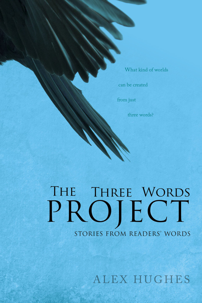 Book cover for the Three Words Project by Alex Hughes. A blue background with a crow's wing sweeping above blocky black text.