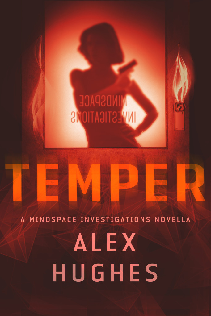 Cover for the ebook Temper. Red flame and text on a black background, with a woman carrying a gun silhouetted against a window